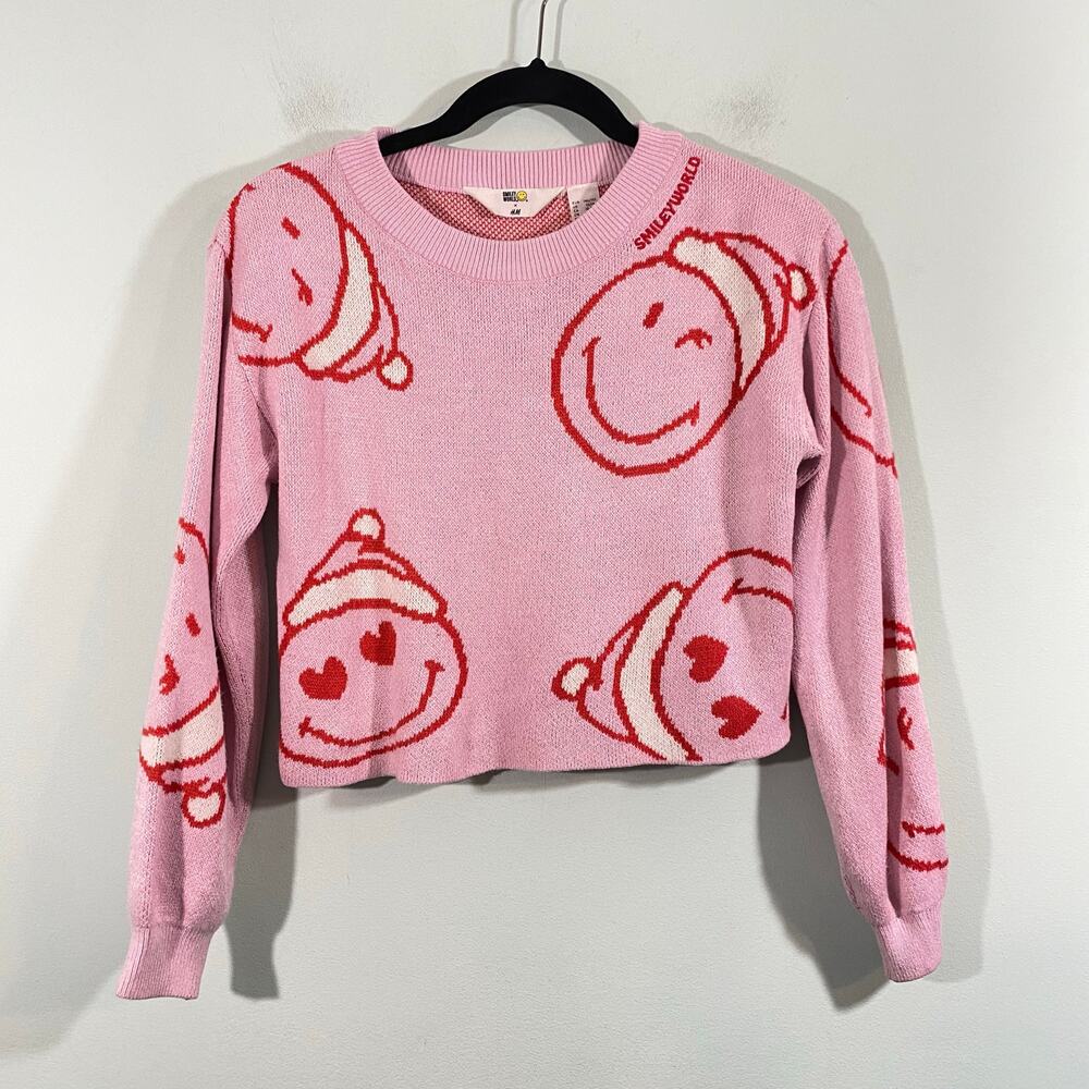 H&M X Smiley World Youth Pink Santa Smiley Face Cropped Sweater Size 12/14